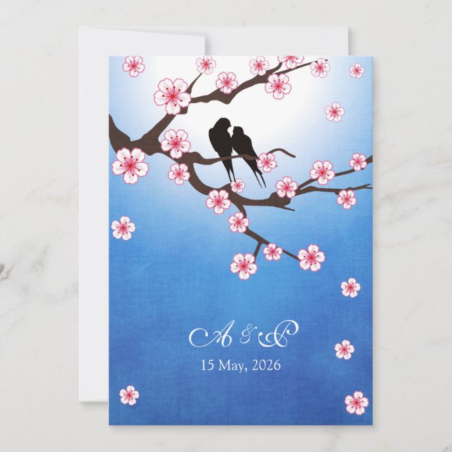 Invitación Lovebirds y Sakura - fondo azul (Anverso)