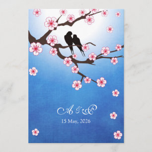 Invitación Lovebirds y Sakura - fondo azul