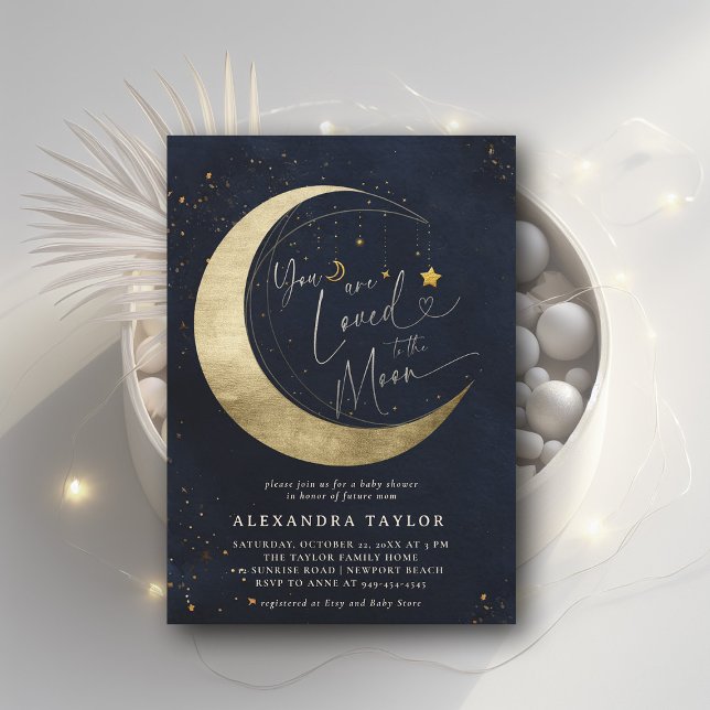 Invitación Loved Moon Mobile Dark Navy Neutral Baby Shower (loved to the moon baby shower invitation moon stars watercolor cute adorable coed elegant neutral)