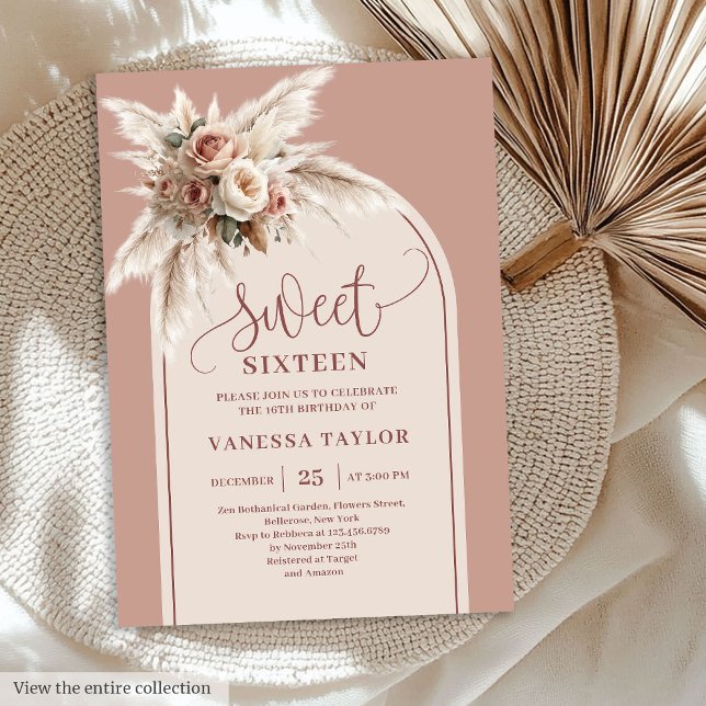 Invitación Lovely Arch Pastel Pink Pampas Floral Boho Sixteen (Lovely Arch Pastel Pink Pampas Floral Boho Sixteen

)