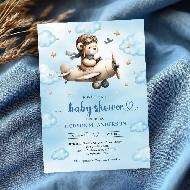 Invitación Lovely blue and gold aviator bear baby shower  (Lovely blue and gold aviator bear baby shower invite)