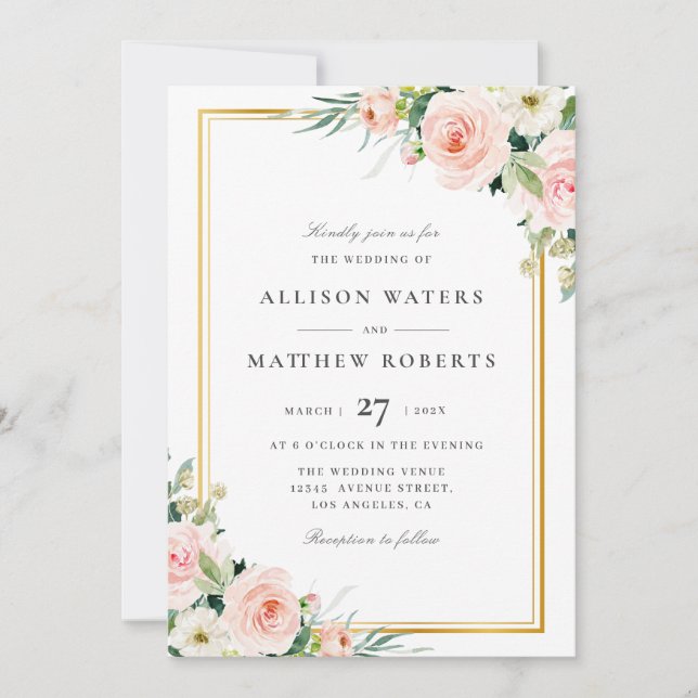 Invitación lovely blush floral frame wedding invitation (Anverso)