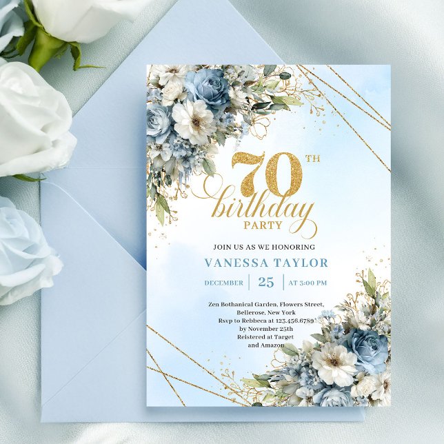 Invitación Lovely bohemian blue florals gold frame 70th bday (Lovely bohemian blue florals gold frame 70th birthday

)