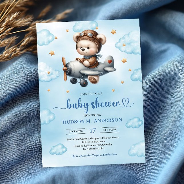 Invitación Lovely Boy Shower Invitation Teddy Bear Pilot Blue (Lovely Boy Shower Invitation Teddy Bear Pilot Blue Brown

)