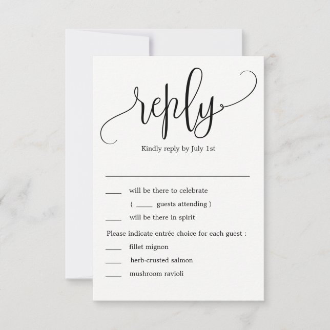 Invitación Lovely Calligraphy Wedding RSVP con opciones de me (Anverso)