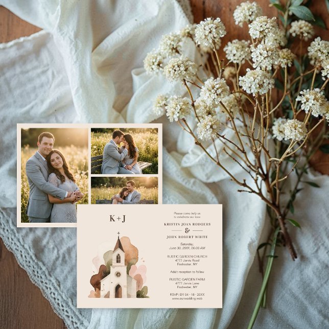 Invitación Lovely Church Watercolor 3-Photo Collage Wedding  (Lovely Church Digital Watercolor 3-Photo Collage Wedding Save the Date Cards.)