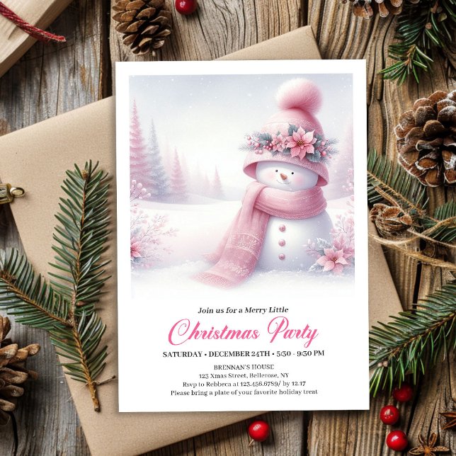 Invitación Lovely Coquette Pink Snowman Kids Christmas Invite (Lovely Coquette Pink Snowman Kids Christmas Invite Download)