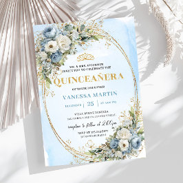 Invitación Lovely Dusty Blue Gold Greenery Quinceañera Invite