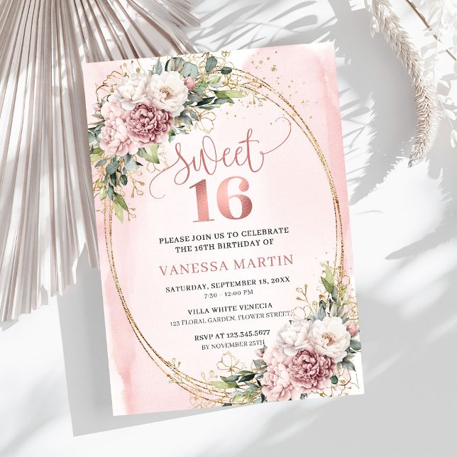 Invitación Lovely Dusty Pink Floral Greenery Sweet Sixteen  (Lovely Dusty Pink Floral Greenery Sweet Sixteen Invitation

)