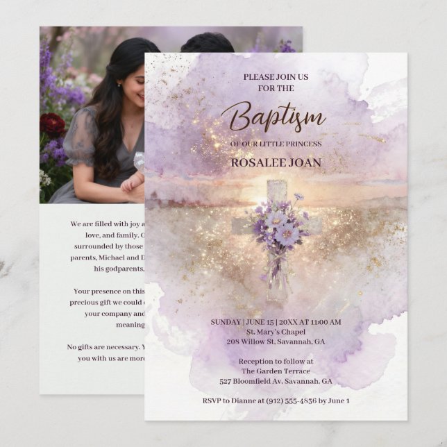 Invitación Lovely Lilac Christian Wildflowers Cross-Shape (Anverso / Reverso)