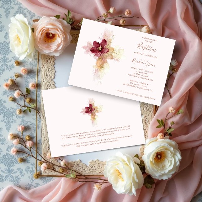 Invitación Lovely Pink Shades Floral Cross-Shape Baptism (Lovely Digital Watercolor Pink Shades Floral Cross-Shape Baptism Invitation Cards. )