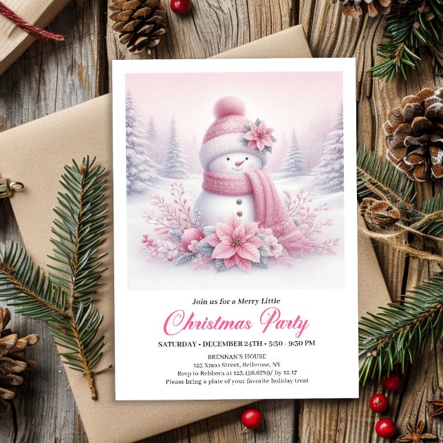 Invitación Lovely Pink Snowman Editable Christmas Kids Invite (Lovely Pink Snowman Editable Christmas Kids Invite Download)