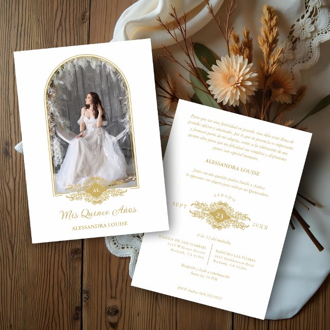 Invitación Lovely Quinceañera Spanish Stilysh Gold Chic Arch  (Lovely Quinceañera Spanish Stilysh Faux Golden Effect Arch Effect Photo Invitations Cards.)