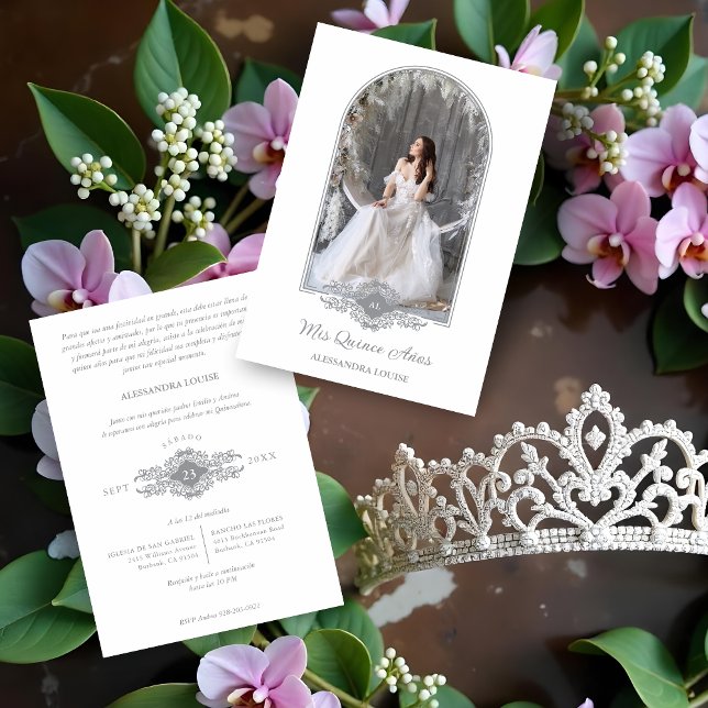Invitación Lovely Quinceañera Spanish Stilysh Grey Chic Arch  (Lovely Quinceañera Spanish Stilysh Grey Effect Arch Effect Photo Invitations Cards)