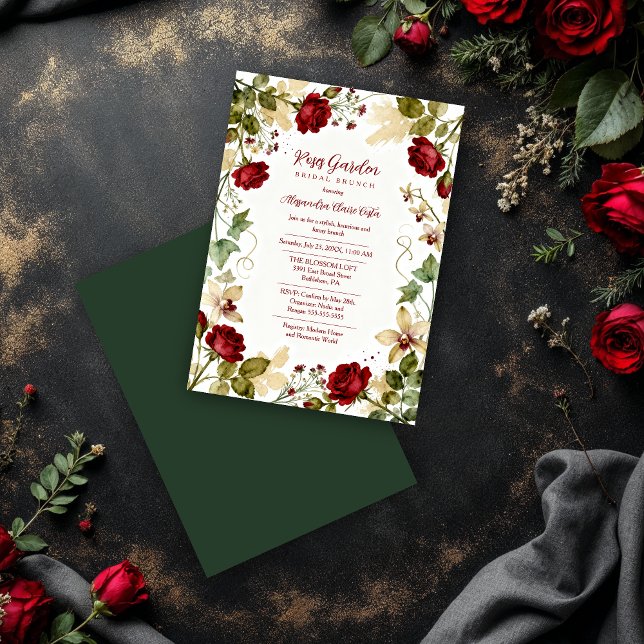 Invitación Lovely Red Roses Garden-Inspired Bridal Brunch (Lovely Red Roses Garden-Inspired Bridal Shower Brunch Invitation Card Design with Dark Green Back.)