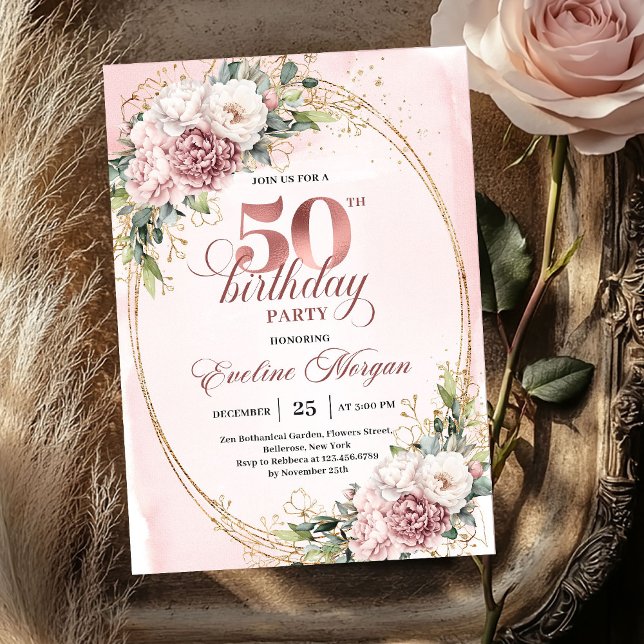Invitación Lovely Rose Gold Blush Flowers 50th Birthday Party (Lovely Rose Gold Blush Flowers 50th Birthday Party Invite

)