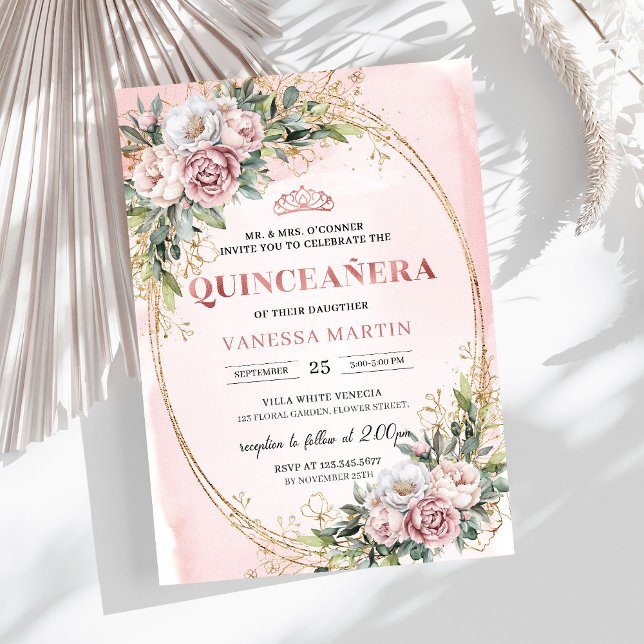 Invitación Lovely Rose Gold Flores Eucalipto Cumpleaños 15  (Lovely Rose Gold Flowers Eucalyptus 15th Birthday Invitation

)