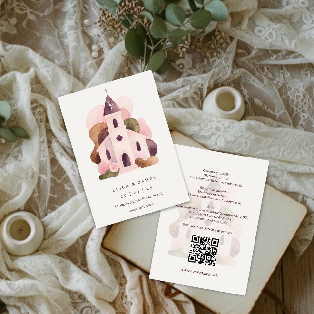 Invitación Lovely Rustic Pink Tones Church Wedding  (Lovely Rustic Pink Tones Church Illustration Wedding Invitation Cards Design.)