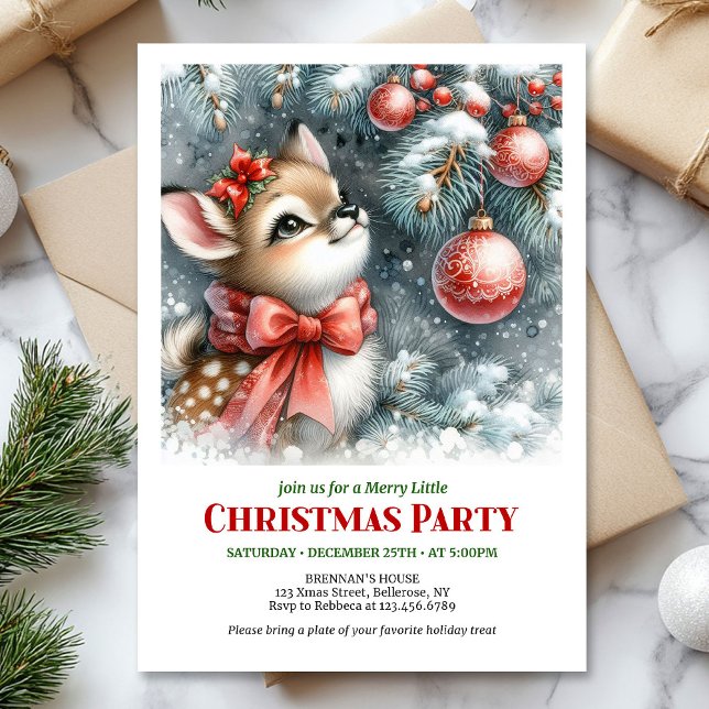 Invitación Lovely snowy forest baby deer Christmas invite   (Lovely snowy forest baby deer Christmas invite printable)