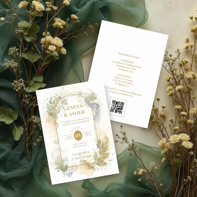 Invitación Lovely Spring Green & Beige Floral Arch Wedding (Lovely Spring Green & Beige Floral Arch Glitter Effect Wedding Invitation with Back QR Code.)