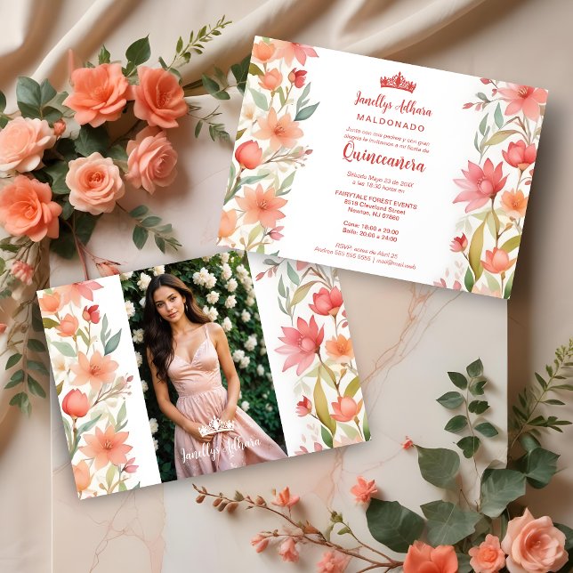 Invitación Lovely Sweet Floral Garland Spanish Photo Mis XV (Lovely Sweet Floral Garlands Spanish Photo Mis XV Invitations Cards. )