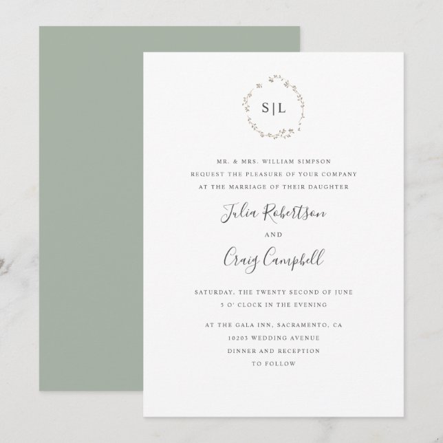 Invitación Lovely Tiny Green hojas formales de monograma boda (Anverso / Reverso)