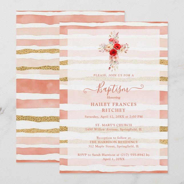 Invitación Lovely Wildflowers Christian Cross Baptism (Anverso / Reverso)