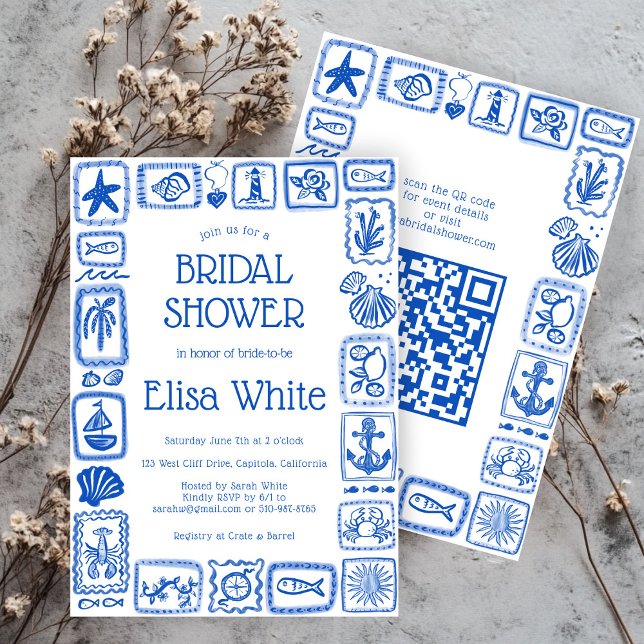 Invitación LoveNotes de Sea Modern PERSONALIZADO QR Bridal Sh (LoveNotes from the Sea Modern CUSTOM QR Beachy Summer Bridal Shower Invitation
)