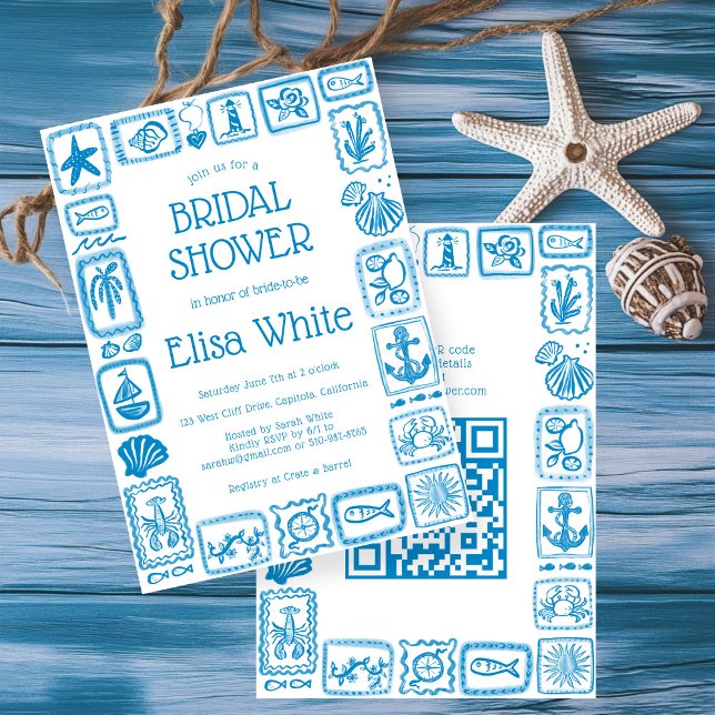Invitación LoveNotes from Sea Bridal Shower Modern PERSONALIZ (LoveNotes from Sea  Modern Preppy Beach CUSTOM QR Code Bridal Shower Invitation
)