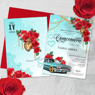 Invitación Lowrider Chola Chicano Red Rose Quinceanera