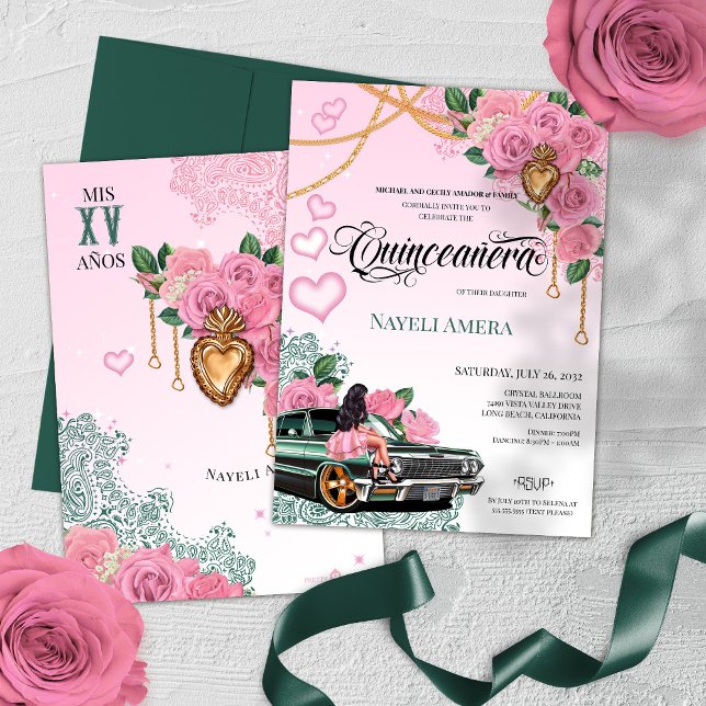 Invitación Lowrider de rosa verde esmeralda Chola Quinceanera (Subido por el creador)