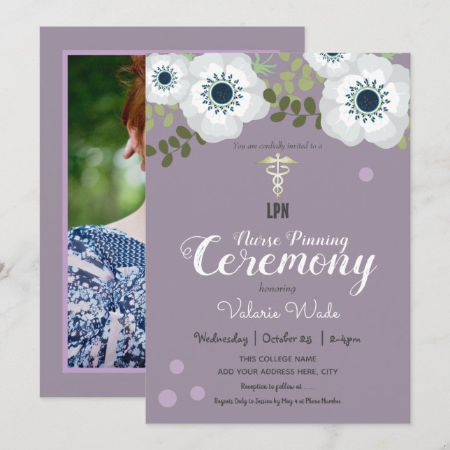 Invitación LPN Enfermera Ceremonia de graduación Anemona (Anverso / Reverso)
