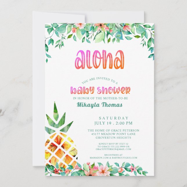Invitación Luau Baby Shower Tropical Pineapple Floral (Anverso)