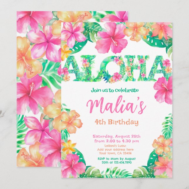 Invitación Luau Birthday (Anverso / Reverso)