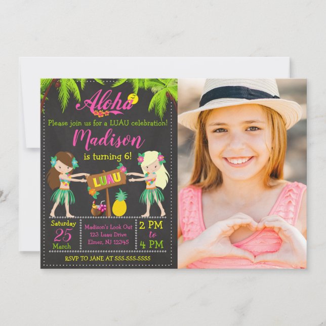 Invitación Luau Birthday Invitation Aloha Photo Invite Girl (Anverso)
