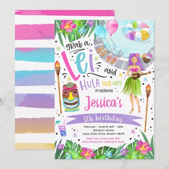 Invitación Luau Birthday Party Hawaiian Pineapple Pool Fiesta (Anverso / Reverso)