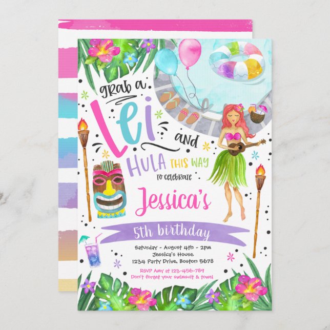 Invitación Luau Birthday Party Hawaiian Pineapple Pool Fiesta (Anverso / Reverso)