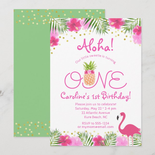 Invitación Luau Chica Floral Tropical Primer Cumpleaños (Anverso / Reverso)