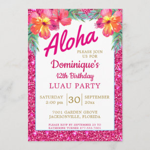 Invitación Luau de Aloha Brillo Rosa Hibisco Tropical