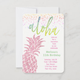 Invitación luau faux purpurina piña rosa cumpleaños de verano