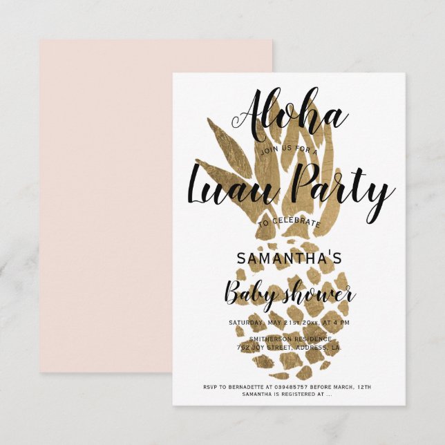 Invitación Luau fiesta Aloha baby ducha moda piña dorada (Anverso / Reverso)