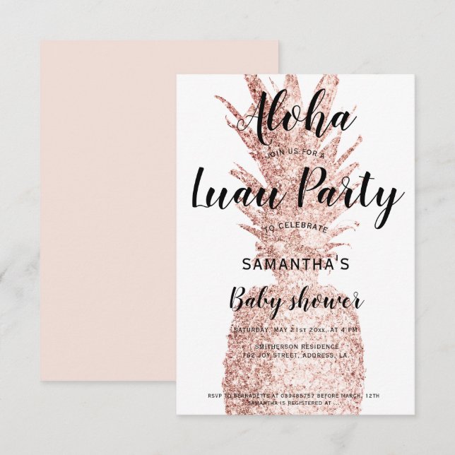 Invitación Luau fiesta Aloha baby ducha purpurina piña (Anverso / Reverso)
