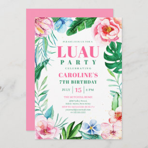 Invitación Luau Fiesta Tropical Floral Halcaide Rosado Cumple