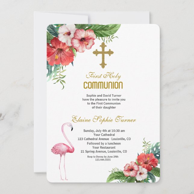 Invitación Luau Flamingo Comunión floral tropical (Anverso)