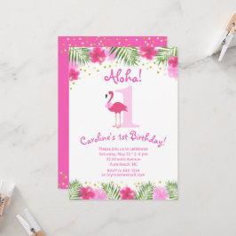 Invitación Luau Flamingo Tropical Chica del primer cumpleaños