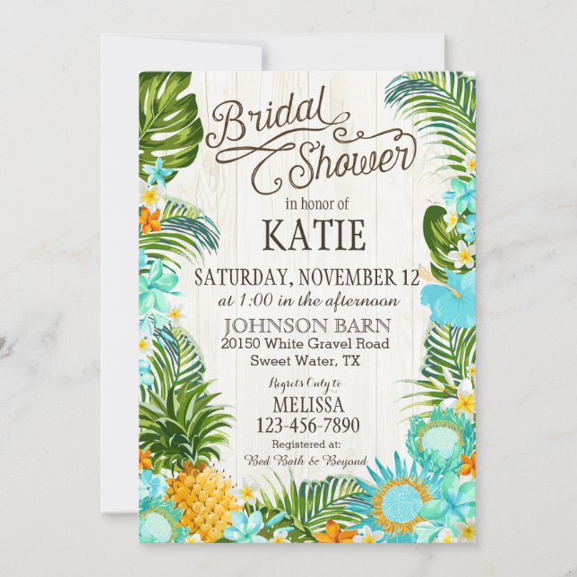 Invitación Luau Hawaiian Beach Rustic Bridal Shower (Anverso)