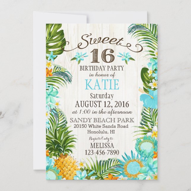 Invitación Luau Hawaiian Beach Sweet 16 cumpleaños (Anverso)