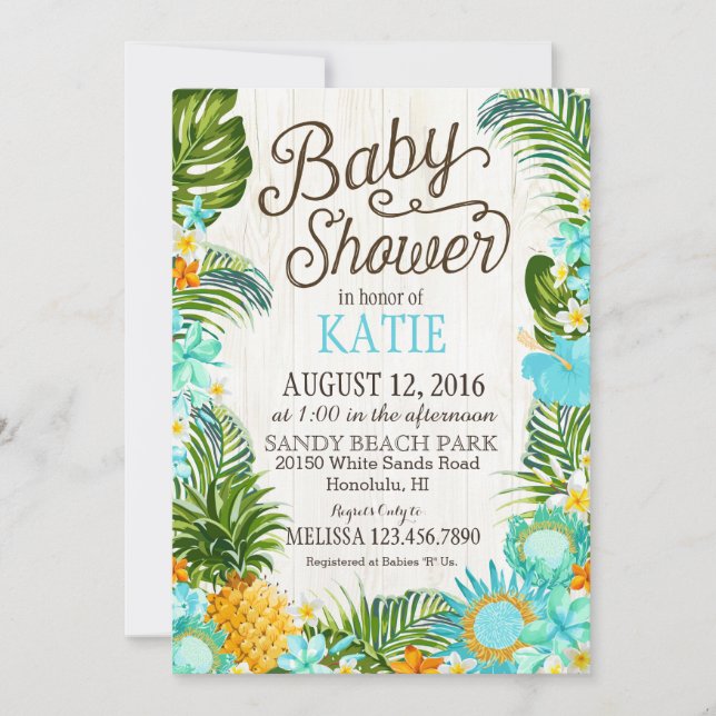 Invitación Luau Hawiian Beach Rustic Baby Shower (Anverso)
