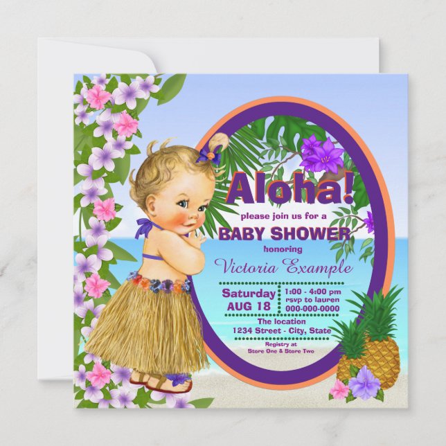 Invitación Luau Hula Chica Hwaiian Tropical Baby Shower (Anverso)
