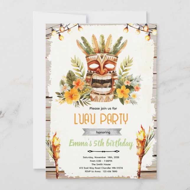 Invitación Luau tiki birthday party invitation (Anverso)